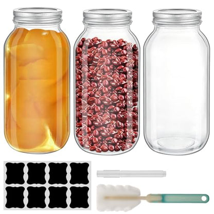 3PCS 64 OZ Wide Mouth Mason Jars with Lids, Heavy Duty Glass Airtight Storage Canning Jar and Band Half Gallon / 2 Quart, Set of 3