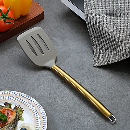 Berglander Non-stick Silicone Slotted Turner with Titanium Gold Plated Handle for Cooking, Dishwasher Safe, Easy to Clean - style: e. Slotted Turner