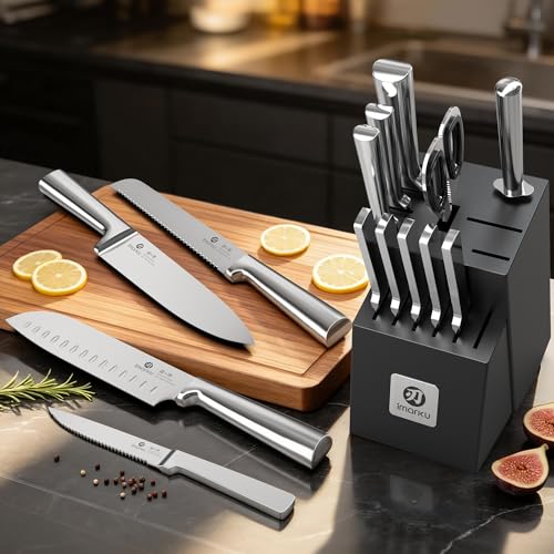 imarku 15-Piece Knife Block Set Built-in Sharpener, Japanese High Carbon Stainless Steel Kitchen Knife Set, Dishwasher Safe, Chef Knife Set with Wooden Knife Block, Santoku Knive for Kitchen Cooking - color: Black