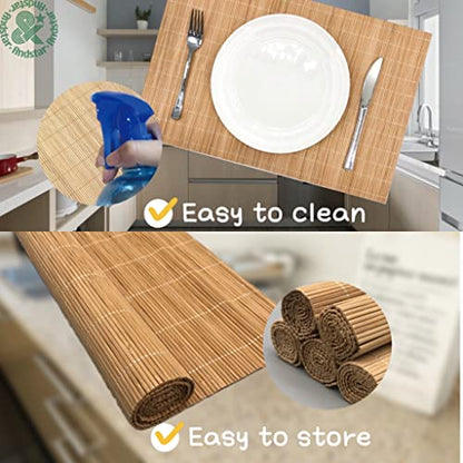 Set of 4 Pcs Bamboo Placemats Sushi Rolling Mat Japanese Style Natural Anti-Slip Bamboo Placemats Washable Heat-Resistant Table Mats for Dining Room and Kitchen（Brown） - color: Brown, size: Set of 4