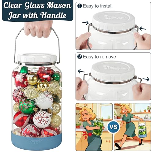 1.5 Gallon Huge Glass Jar with Airtight Lid, Wide Mouth Large Mason Jars for Fermenting, Pickling, Canning, Water Glassing Eggs, Kombucha, and Food Storage – with Handle & Scale Marks(2 Packs)