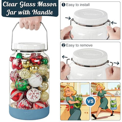 1.5 Gallon Huge Glass Jar with Airtight Lid, Wide Mouth Large Mason Jars for Fermenting, Pickling, Canning, Water Glassing Eggs, Kombucha, and Food Storage – with Handle & Scale Marks(2 Packs)