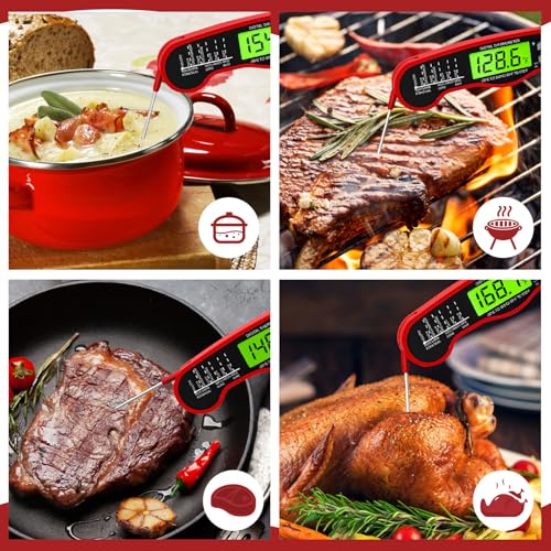 AWLKIM Meat Thermometer Digital, Instant Read Thermometer, Red | Food thermometer for grill, BBQ, candy, oil and baking; backlit display, foldable probe and magnetic storage - color: Red