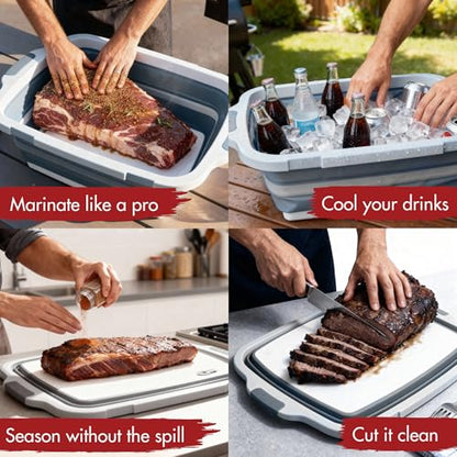 KITCHEN PERFECTION Collapsible XL Smoker & BBQ Prep Tub with Locking Lid & Cutting Board - Grill Caddy Container for Meat Marinating & Brine Perfect For Brisket, Turkey & Ribs - Best Gift For Men - color: Gray