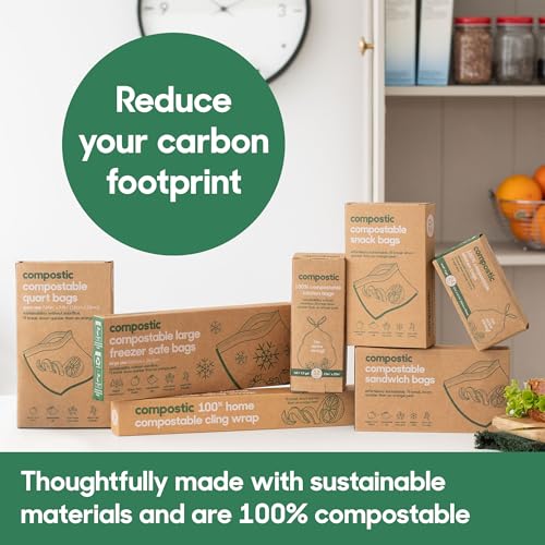 Compostic Compostable XL Sandwich Bags (60 Count) Starter Pack — Resealable Zip-Seal, Plant-Based, Home Compostable, Freezer & Microwave Safe, BPA-Free, Non-Toxic, GMO-Free Food Storage Bags - size: 60 Count, style: Sandwich