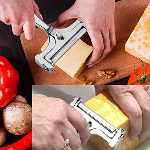 Cheese Slicer With Adjustable Thickness - Stainless Steel Cheese Cutter with Wire - Hand Held Cheese Cutter for Cheddar, Gruyere, Raclette, Mozzarella Cheese Block, Adjustable Cheese Shaver