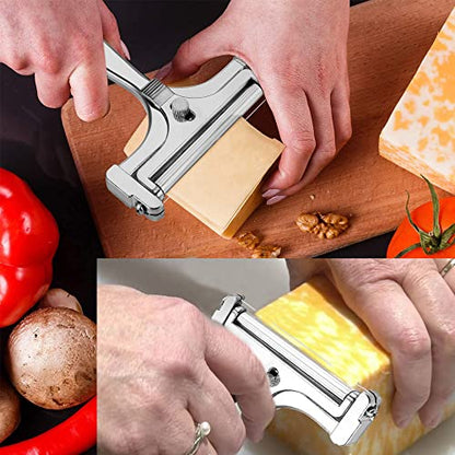 Cheese Slicer With Adjustable Thickness - Stainless Steel Cheese Cutter with Wire - Hand Held Cheese Cutter for Cheddar, Gruyere, Raclette, Mozzarella Cheese Block, Adjustable Cheese Shaver
