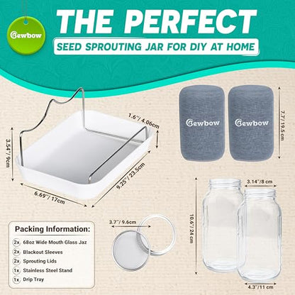 [LARGE SIZE] 2000ml(68oz) Seed Sprouting Mason Jar Kit with Stand,Drain Tray, Screen Lids,Blackout Sleeves,Good Ventilation & Drainage Capacity,Growing Fresh Organic Mung Beans,Broccoli & Microgreens