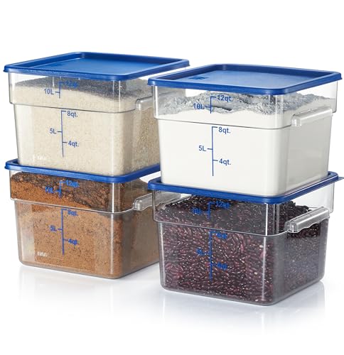 CURTA 4 Pack Food Storage Containers with Blue Lids - NSF Listed Commercial Grade in 12.0 Qt - Square, Clear, Polycarbonate - color: 12.0 Qt 4-Pack(Blue Lids)