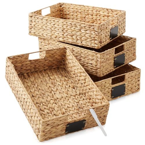 Casafield Set of 4 Water Hyacinth Pantry Baskets, 12-1/2" x 17" x 5", with Chalkboard Labels and Chalk Marker - Natural, Woven Storage Bin Organizers for Kitchen Shelves - color: Natural - Hyacinth, size: 12.5" x 17" x 5"