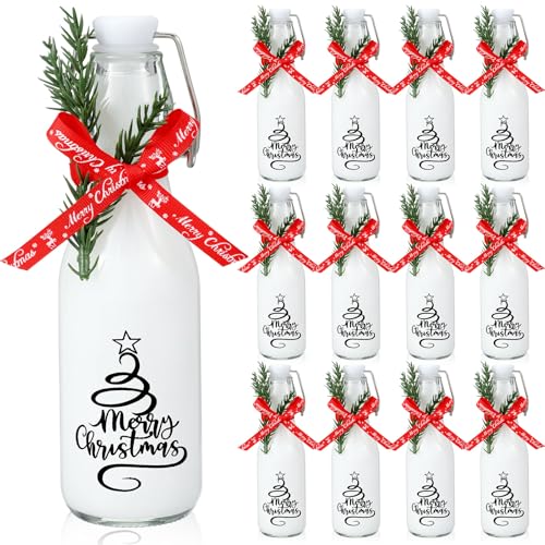 Sieral 12 Pack Christmas Tree Swing Top Glass Bottle 8oz Clear Flip Top Beer Brewing Bottles with Ribbon and Artificial Branches for Liquids Wine Christmas Xmas Gifts - style: Christmas Tree