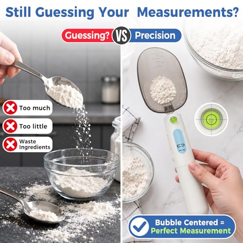 Digital Measuring Spoon Scale Rechargeable - 0.1g High Precision Gram Measuring Spoon with Level Bubble, g/oz/ml Multi-Unit Digital Spoon Scale for Baking Coffee Cooking Pet Food & Weight Control