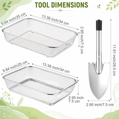 Set of 3 Soil Sifter for Gardening 2 Stainless Steel Sand Rocks Compost Soil Sieve with 1 Trowel 1/4 Inch 1/8 Inch Mesh Dirt Sifter for Gravel Potting Sawdust