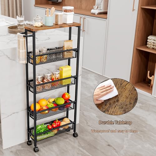 AZERPIAN Slim Rolling Cart 5 Tier Narrow Storage Cart on Wheels with MDF Board Top and Metal Handle for Small Space Kitchen Living Room Home Office Pantry Bathroom Laundry (16.38 x 5.12 x 39.17 inch) - size: 16.38 x 5.12 x 39.17 inch