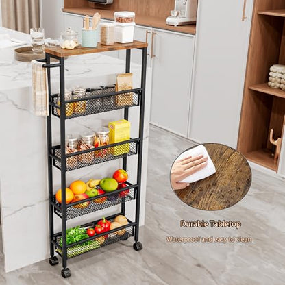 AZERPIAN Slim Rolling Cart 5 Tier Narrow Storage Cart on Wheels with MDF Board Top and Metal Handle for Small Space Kitchen Living Room Home Office Pantry Bathroom Laundry (16.38 x 5.12 x 39.17 inch) - size: 16.38 x 5.12 x 39.17 inch