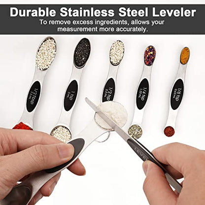 Aovchei 7 PCS Magnetic Measuring Spoons Set, Dual Sided, Stainless Steel Small Tablespoon, Teaspoons, Fits in Spice Jars, for Dry and Liquid, Black - size: 7pcs-black