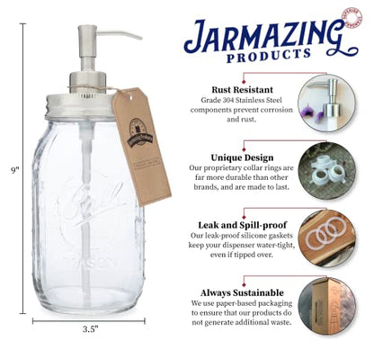 Jarmazing Products Quart Size Mason Jar Soap and Lotion Dispenser - 32 Ounce - Made from Rust-Proof Stainless Steel - color: Semi-opaque Glass / Stainless Lid