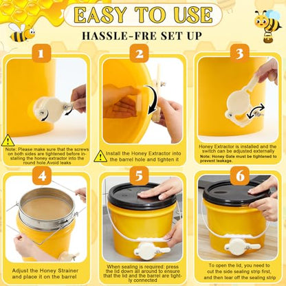 Threehoney 3 Pcs 2 Gallon Honey Bucket with Gate Honey Extractor Equipment Food Grade Bucket Food Safe Buckets with Lid for Beekeeping Supplies Extracting Storage (Yellow,Round Style) - color: Yellow