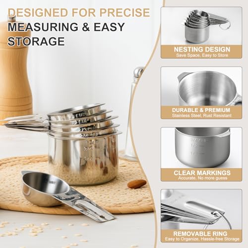 Stainless Steel Measuring Cups & Spoons Set, EWFEN Kitchen Tools Nesting Measuring Cups and Spoons, Fits in Spice Jars for Baking & Cooking, BPA Free, Set of 15 with Leveler, Multicolor - color: Multicolor Spoons