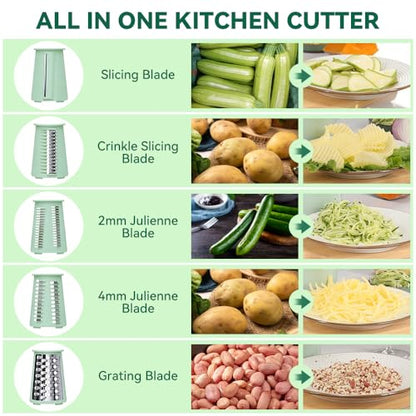 KEOUKE Rotary Cheese Grater 5 in 1 Green - Hand Crank Vegetable Cutter, Shredder, Slicer, Enlarge Input, Suction Base, Labor-Saving Handle, Blade Storage Box, for Onion, Potato, Vegetable, Nuts, etc - color: Green