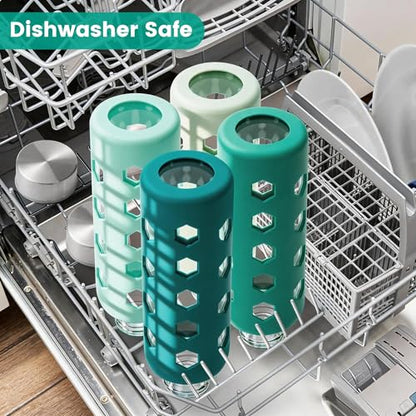 Mrsdry Glass Juice Bottles with Lids and Silicone Sleeves 18 oz, 4-Pack Reusable Clear Glass Water Bottles with Stainless Steel Airtight Cap for Juicing, Refrigerator, BPA Free Leak-Proof Drinking Jar - color: Green