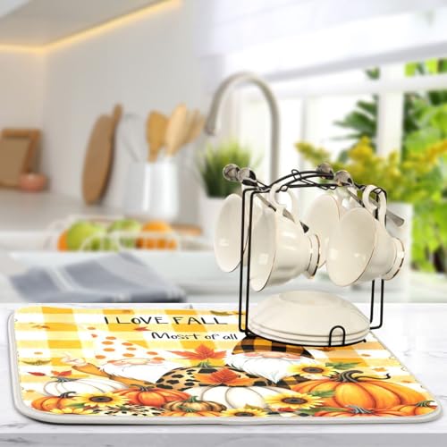 Kcldeci Autumn Fall Gnome Dish Drying Mat Kitchen Drying Pad Sunflower Pumpkin Dish Draining Mat Dish Rack Drainer Pad 18 x 24 - color: A05, size: 18x24in