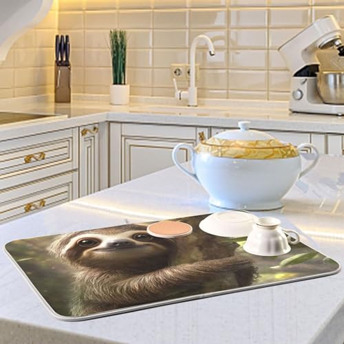 Cute Sloth on Tree Dish Drying Mat for Kitchen Counter Super Absorbent Draining Mat with Non-slip Backed Dishwashing Mat for Dish Cups Bowl Bottles Countertops Sinks Draining Racks