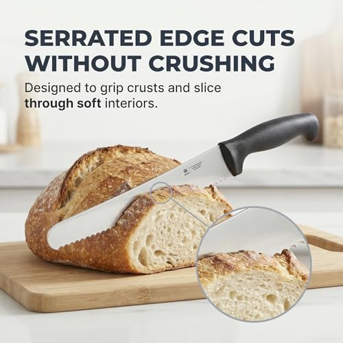 10-Inch Serrated Bread Knife with Sheath for Sourdough, German Steel | 1.4116 stainless steel blade for homemade and artisan loaves with Cover, Black