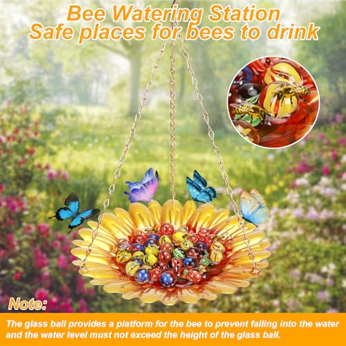 Bee Watering Station,Bee Cups for Garden with Vivid Sun-Flower Design,Multifunctional Hanging Bee Feeder with 40 Glass Beads,Butterfly Feeder,Bird Bath for Garden Yard Decor