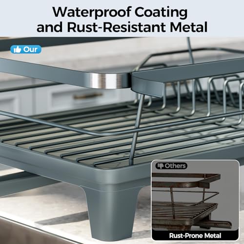 Urackify Dish Drying Rack for Kitchen Counter, Sink Dish Rack with Drainboard, Large Dish Drainer with Cups Holder, Home Countertop Plate Dryer Storage Rack with Cutlery Holder, Blue - color: Blue
