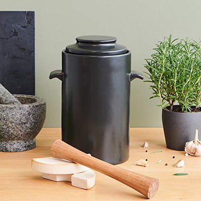 HomeBuddy Fermentation Crock (1 Gallon) with Weights, Acacia Wood Pounder and Recipie Book - Sauerkraut Fermentation Kit, Onggi Kimchi Jar, Fermenting Crock for Pickling or Sourdough - color: Black