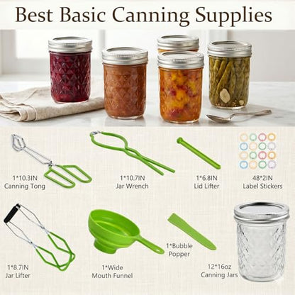 Canning Supplies Starter Kit – 12x 16oz Pint Mason Jars with Wide Mouth Funnel, Jar Lifter, Tongs, Jar Wrench – Complete Canner Tools for Jam, Pickling, Water Bath and Pressure Canning