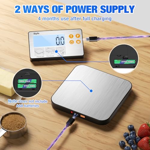 Rechargeable Split Food Scale, Diyife 33lb Digital Kitchen Scales with Split Display, 1g/0.1oz High Accurate, Food-Grade 304 Stainless Steel, 7 Units, Backlit LCD, for Cooking, Baking, Meal Prep - color: Silver