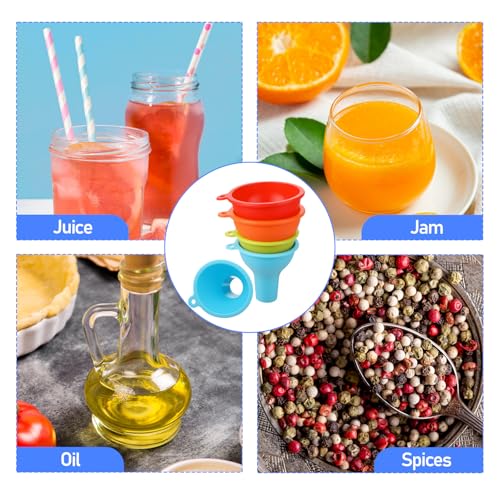 4 Pcs Kitchen Silicone Funnel Kitchen Funnels Set Wide Mouth Funnel Flexible Condiment Funnels for Small Canning Daily Cooking and Water Bottle Liquid Oil or Powder Transfer (Multi Color)