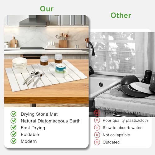 Large Stone Drying Mat for Kitchen Counter - 24"x16"Quick Drying Fast Absorbent Non-Slip kitchen Dish Drying Mats, Friendly Foldable Diatomaceous Earth Mats for Dishes Cups,Match Any Countertop