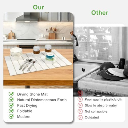 Large Stone Drying Mat for Kitchen Counter - 24"x16"Quick Drying Fast Absorbent Non-Slip kitchen Dish Drying Mats, Friendly Foldable Diatomaceous Earth Mats for Dishes Cups,Match Any Countertop