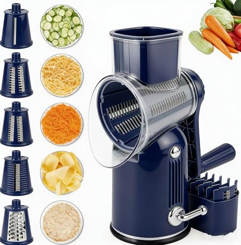 Rotary Cheese Grater with Handle: 5-in-1 Cheese Grater Hand Crank, Strong Suction Base for Fruit Vegetables Nuts with Blade Storage Box(Purple) - color: Purple