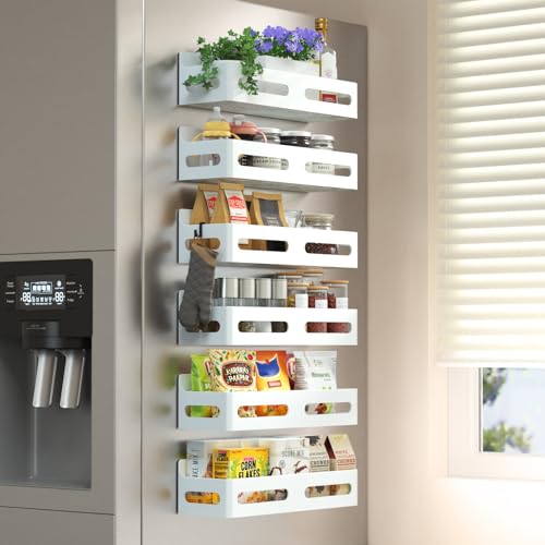 Sevenblue 6-Pack Magnetic Spice Rack for Refrigerator with Hooks, White | Strong multipurpose magnetic shelf for kitchen & bathroom organization. Includes 4 removable hooks for hanging items. - color: White, size: 6 Pack