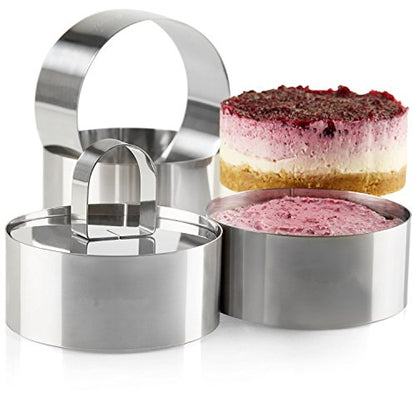 Uncle Jack Professional Stainless Steel Round Food Tower Presentation Cooking Rings with Food Press - color: Round Forms 2 Sets