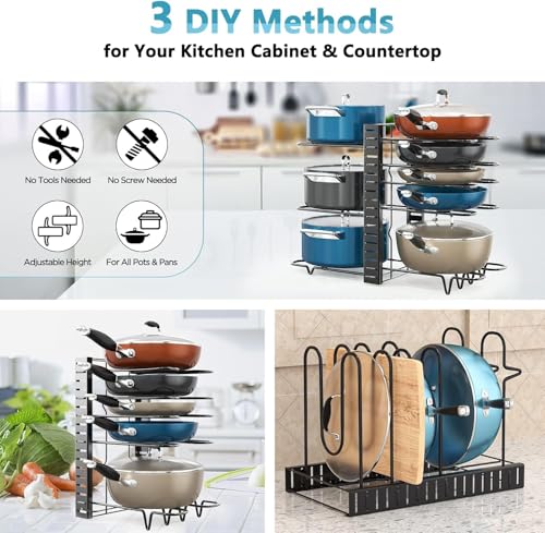 ORDORA Pots and Pans Organizer for Cabinet 16.61 Height 2 Pack, 8 Tier Pot Organizers Rack with 3 DIY Methods, Adjustable Pan Organizer under Cabinet Kitchen Organization and Storage - style: M-16.61"H-LightDuty-2Pack