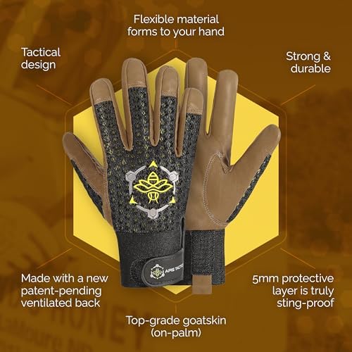 Professional Beekeeping Gloves, Premium 5mm Goatskin w/Patented Ventilation & Dexterity - Beekeeping Supplies - color: Black, size: Medium