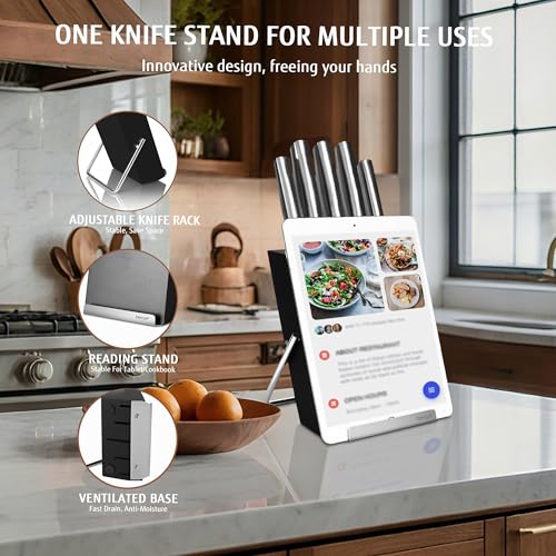 hecef 6-Piece High Carbon Stainless Steel Knife Set with Tablet & Recipe Holder, Hands-Free Adjustable Stand, Ergonomic Hollow Handles, Gift-Ready Block, Silver - style: 6 PCS