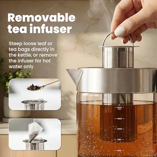 Viante Alba Electric Tea Kettle With Infuser, No Plastic, 1.5L | Borosilicate glass & 304 stainless steel construction. 4 temp presets, keep-warm, cordless, auto shut-off - style: Stainless Steel