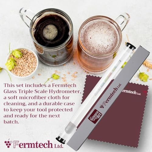 Fermtech Glass Triple Scale Hydrometer Kit – Glass Hydromter and Jar, Brush, Instructions, Hard Storage Case and Microfiber Cloth. Test ABV, Brix, Gravity for Wine, Beer, Mead & Kombuch.