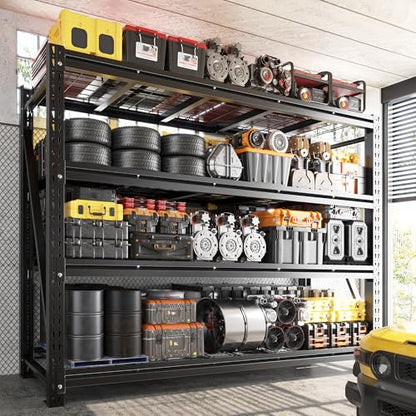 Romorgniz Garage Shelving Heavy Duty, 5000LBS Steel Rack for Garage, Shop | 4‑tier industrial solid steel shelf. Rust‑resistant, one‑piece uprights, side braces for stability, 16 supporting ribs - size: 60" W X 72" H X 18" D