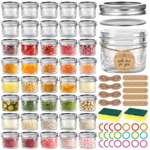 40-Pack 4oz Mason Jars with Lids, Bands & Sunflower Pattern | Mini Canning Jars with Stickers, Tags & Twines for Jams, Honey, Spices, Dried Snacks, DIY Crafts, Wedding Favors - color: Clear-4oz 40pcs