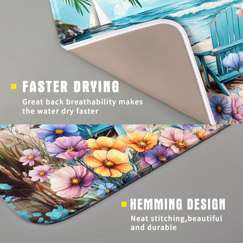 Spring Summer Sea Chair Dish Drying Mat for Kitchen Counter,Coastal Beach Palm Leaf Flowers Drying Mat 16 x 18 Inch with Absorbent Reversible Microfiber Drying Pad for Coffee Bar - size: 16" x 18"