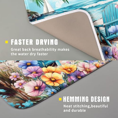 Spring Summer Sea Chair Dish Drying Mat for Kitchen Counter,Coastal Beach Palm Leaf Flowers Drying Mat 16 x 18 Inch with Absorbent Reversible Microfiber Drying Pad for Coffee Bar - size: 16" x 18"