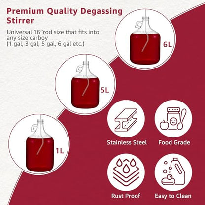 16” Stainless Steel Whip Degassing Stirrer, Wine Beer Degasser Whip for Wine Making, Drill Mixer Rod Attachment Wand, Mixing Stirring De Gassing Beer Wine Kombucha Mead Wort