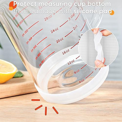 4 Cup Glass Measuring Cup with Handle, 77L High Borosilicate Glass Measuring Cup with V-Shaped and Three Scales (Cup, OZ, ML), Glass Liquid Beaker with Silicone Base, Double-Sided Measure Scales - size: 4 Cup, 1000ML